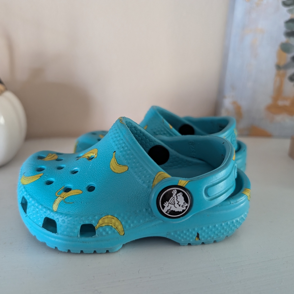 Kids Blue Crocs with Banana Print